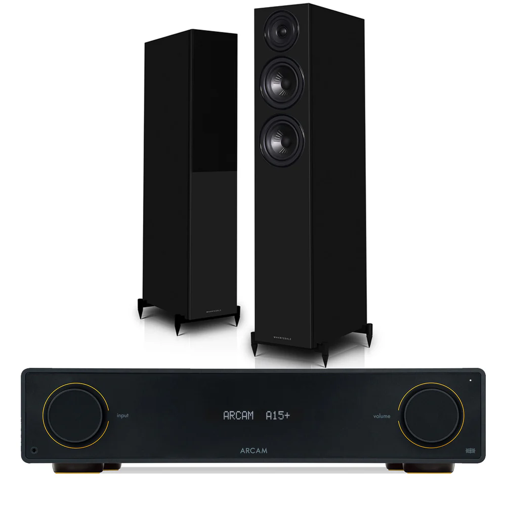 Arcam A15+ Integrated Amplifier with Wharfedale Diamond 12.4i Floorstanding Speakers – Black