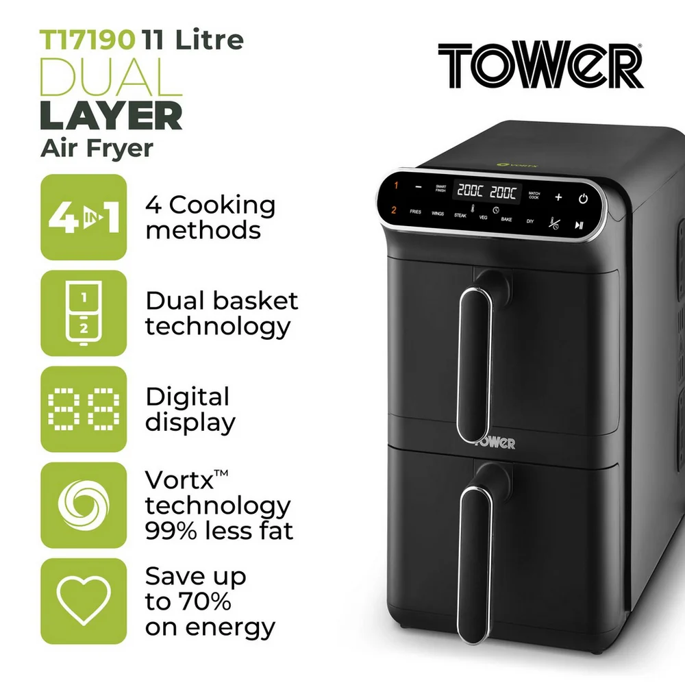 Tower T17190 Vortx 11L Dual Layer Air Fryer - Black with Chrome Trim - Image 2
