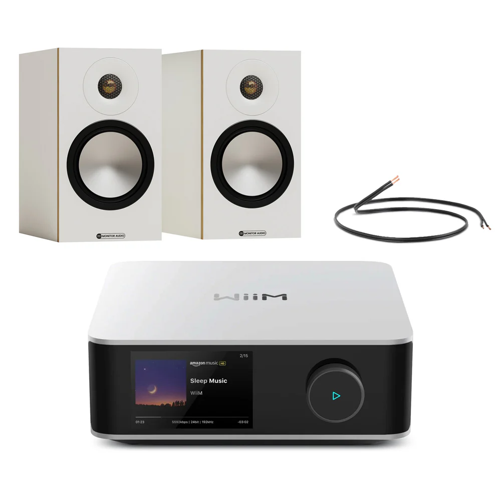WiiM Amp Ultra Streaming Amplifier Silver with Monitor Audio Bronze 50 7G Bookshelf Speakers White Pair